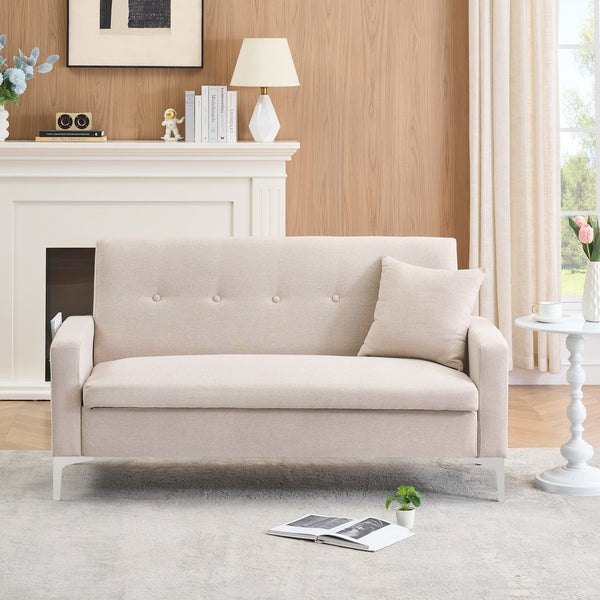 English Elm 57-inch Velvet Double Sofa with Built-In Storage, Solid Wood Frame, Silver Legs, 350lb Capacity and Modern Compact Design Beige W3356P346854