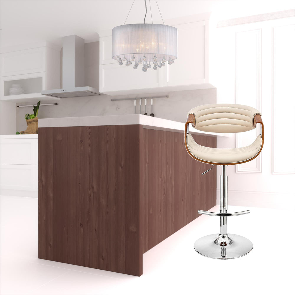 Homeroots 25" Cream And Silver Faux Leather And Iron Swivel Low Back Adjustable Height Bar Chair   476780