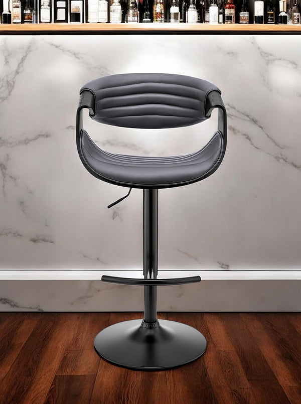 Homeroots Gray And Black Faux Leather Iron Swivel Low Back Adjustable Height Bar Chair   476781