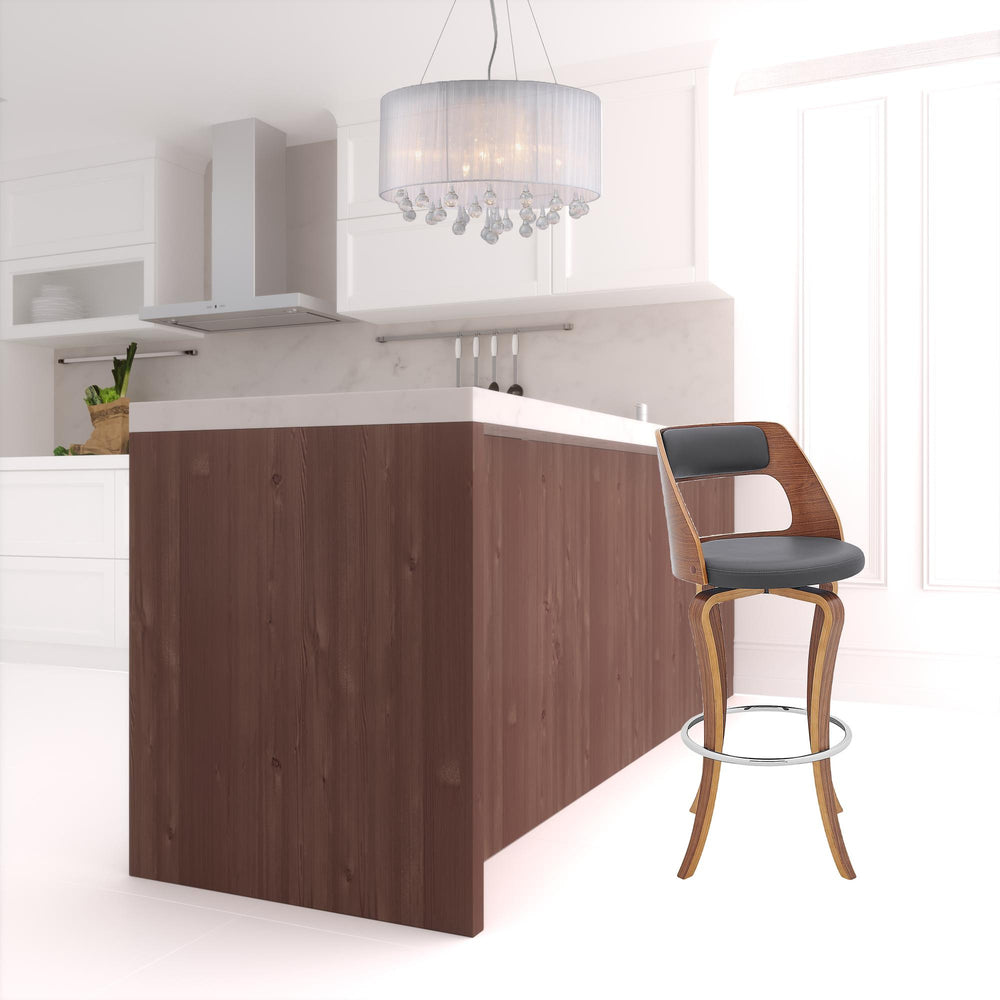 Homeroots 29" Gray And Brown Faux Leather Swivel Bar Height Bar Chair   476793