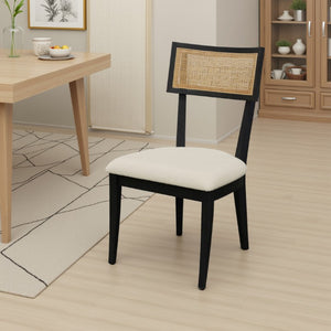 Alpine Furniture Oscar Side Chairs Set Of 2 – Black Rubberwood Frame, Woven Cane Back & Plush Upholstered Seats For Dining And Accents 4768-02