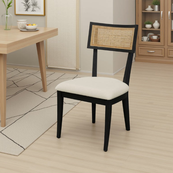 Alpine Furniture Oscar Side Chairs Set Of 2 – Black Rubberwood Frame, Woven Cane Back & Plush Upholstered Seats For Dining And Accents 4768-02