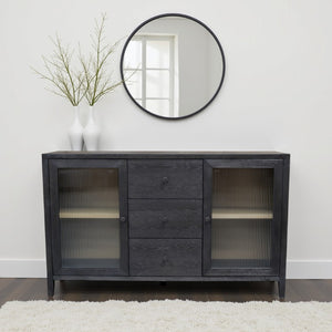 Alpine Furniture Oscar Sideboard — Bold Black Fluted Glass Cabinets, Natural Shelves, Smooth Drawers, Fully Assembled 4768-06