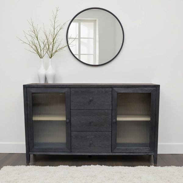 Alpine Furniture Oscar Sideboard — Bold Black Fluted Glass Cabinets, Natural Shelves, Smooth Drawers, Fully Assembled 4768-06
