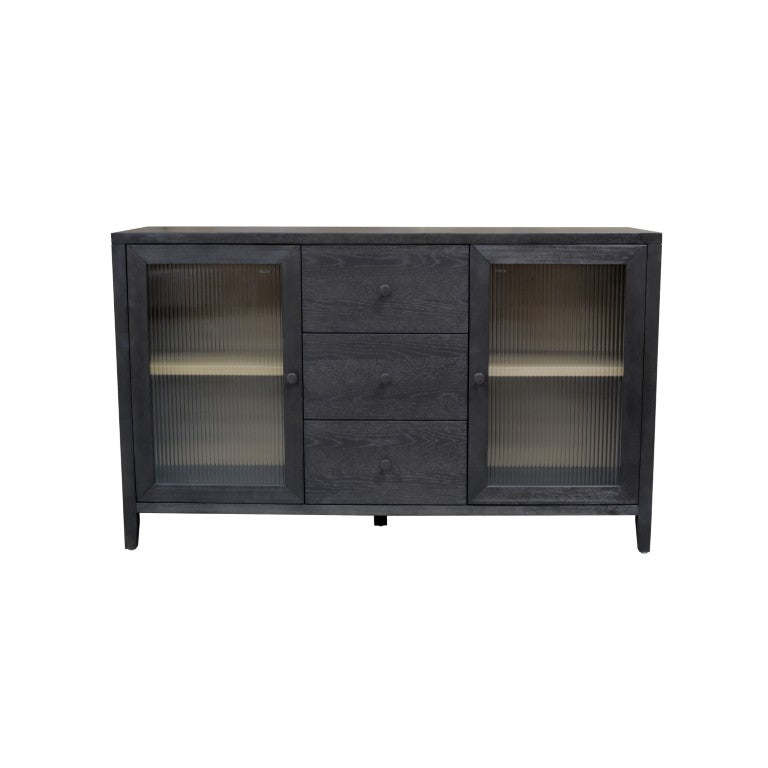 Alpine Furniture Oscar Sideboard — Bold Black Fluted Glass Cabinets, Natural Shelves, Smooth Drawers, Fully Assembled 4768-06