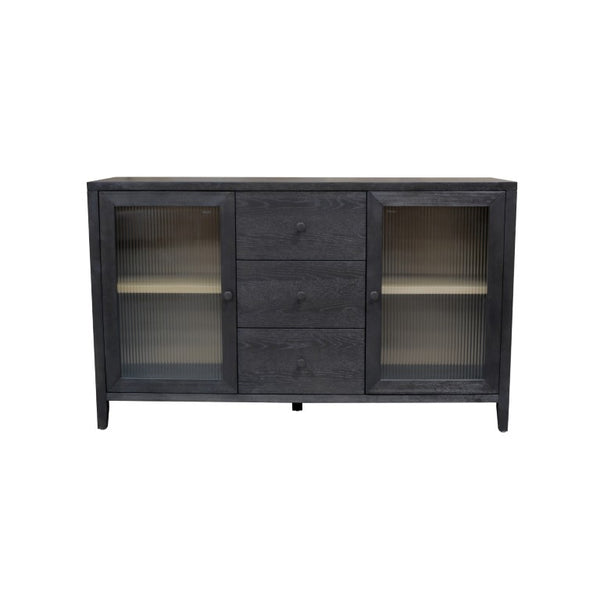 Alpine Furniture Oscar Sideboard — Bold Black Fluted Glass Cabinets, Natural Shelves, Smooth Drawers, Fully Assembled 4768-06