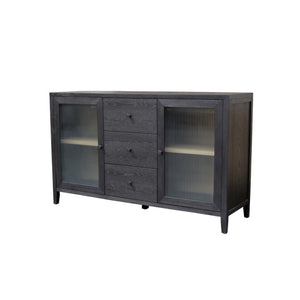 Alpine Furniture Oscar Sideboard — Bold Black Fluted Glass Cabinets, Natural Shelves, Smooth Drawers, Fully Assembled 4768-06