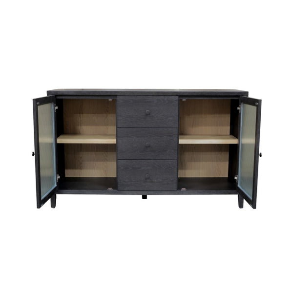 Alpine Furniture Oscar Sideboard — Bold Black Fluted Glass Cabinets, Natural Shelves, Smooth Drawers, Fully Assembled 4768-06