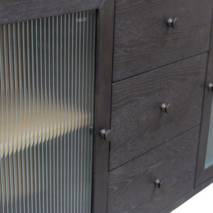 Alpine Furniture Oscar Sideboard — Bold Black Fluted Glass Cabinets, Natural Shelves, Smooth Drawers, Fully Assembled 4768-06