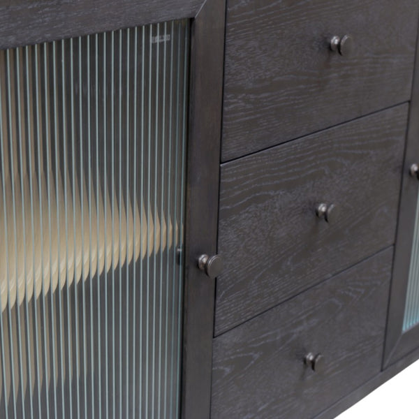 Alpine Furniture Oscar Sideboard — Bold Black Fluted Glass Cabinets, Natural Shelves, Smooth Drawers, Fully Assembled 4768-06