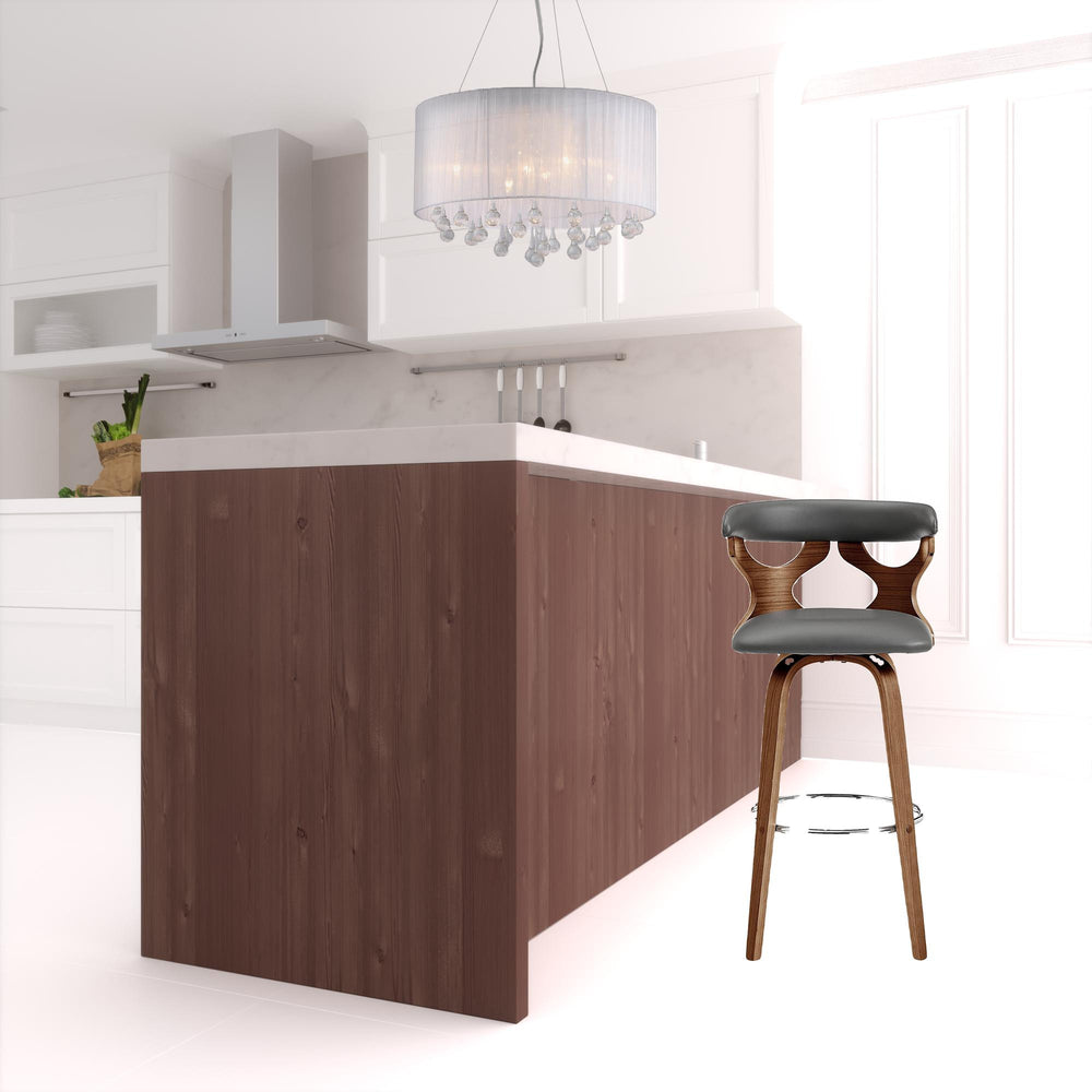 Homeroots 26" Gray And Brown Faux Leather Swivel Counter Height Bar Chair   476801