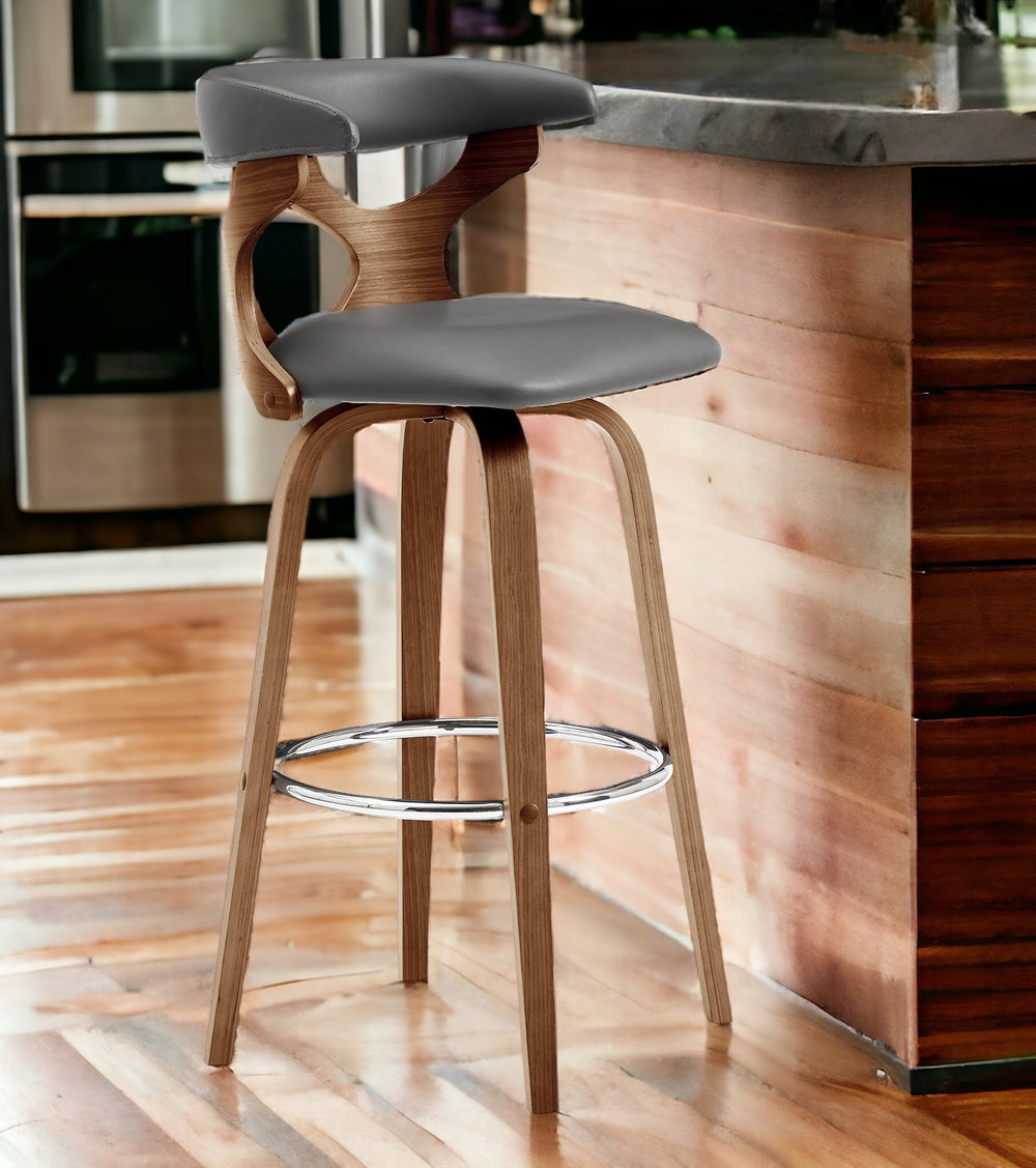 Homeroots 30" Gray And Brown Faux Leather Bar Height Swivel Bar Chair   476802