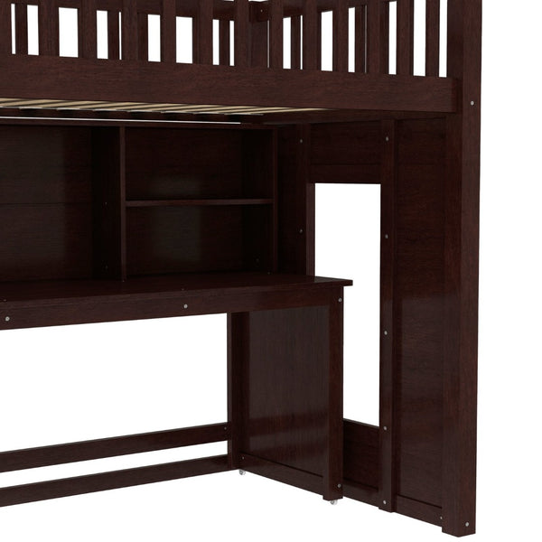 English Elm Twin Loft Bed with Movable Desk Open Shelving and Storage Stairs in Espresso W1580S00336