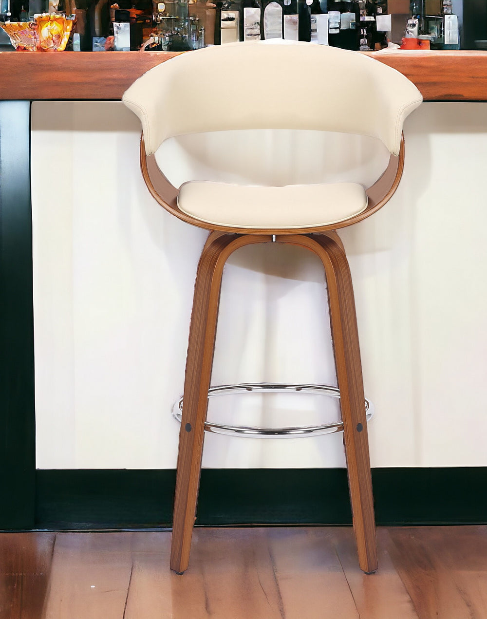 Homeroots 27" Cream And Brown Solid Wood Swivel Low Back Counter Height Bar Chair   476811