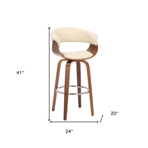 Homeroots 31" Cream And Brown Faux Leather And Solid Wood Swivel Low Back Bar Height Bar Chair   476812