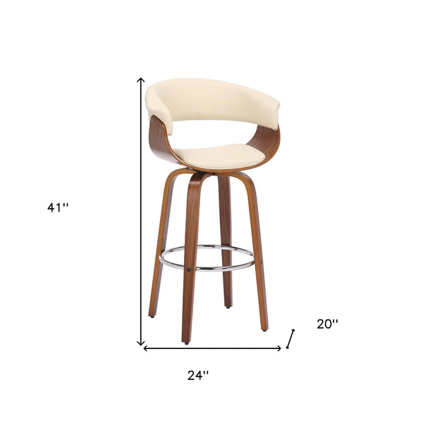 Homeroots 31" Cream And Brown Faux Leather And Solid Wood Swivel Low Back Bar Height Bar Chair   476812