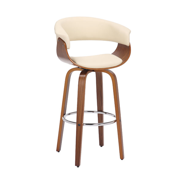 Homeroots 31" Cream And Brown Faux Leather And Solid Wood Swivel Low Back Bar Height Bar Chair   476812