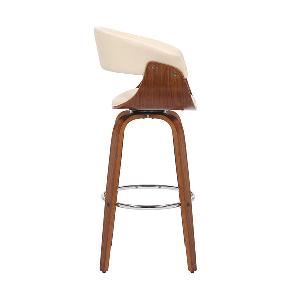 Homeroots 31" Cream And Brown Faux Leather And Solid Wood Swivel Low Back Bar Height Bar Chair   476812