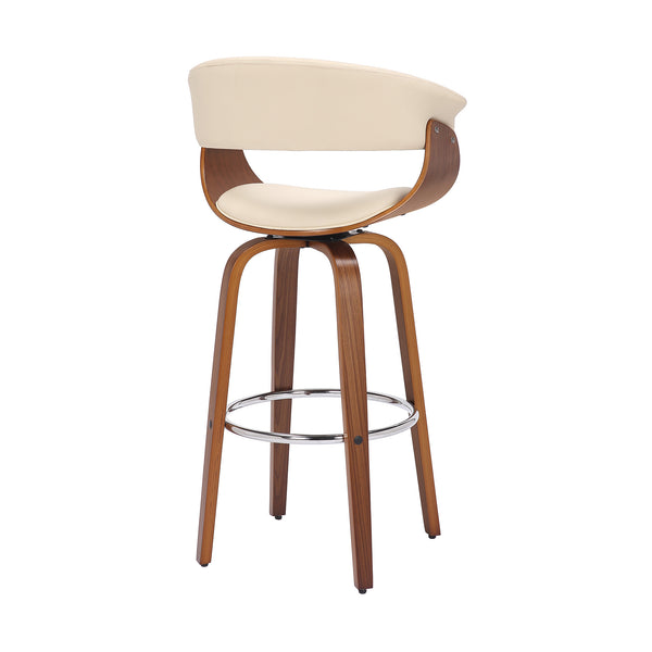 Homeroots 31" Cream And Brown Faux Leather And Solid Wood Swivel Low Back Bar Height Bar Chair   476812