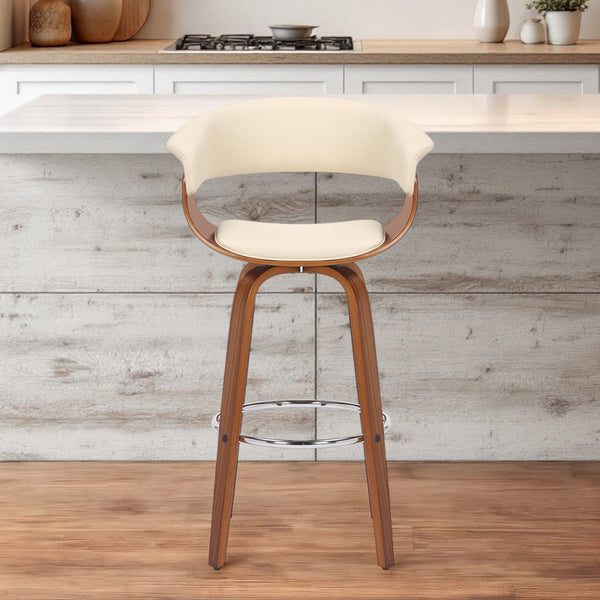 Homeroots 31" Cream And Brown Faux Leather And Solid Wood Swivel Low Back Bar Height Bar Chair   476812