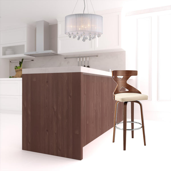 Homeroots 26" Cream And Brown Faux Leather And Solid + Manufactured Wood Swivel Counter Height Bar Chair   476816