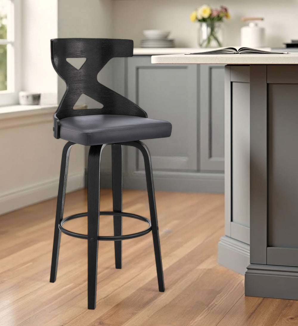 Homeroots 26" Gray And Black Faux Leather And Iron Counter Height Swivel Bar Chair   476817