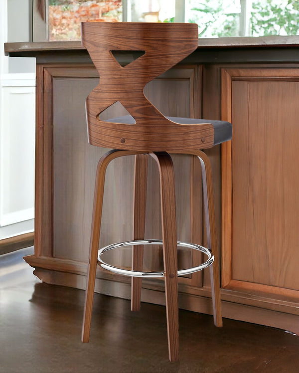 Homeroots 26" Gray And Brown Faux Leather And Solid And Manufactured Wood Counter Height Swivel Bar Chair   476818