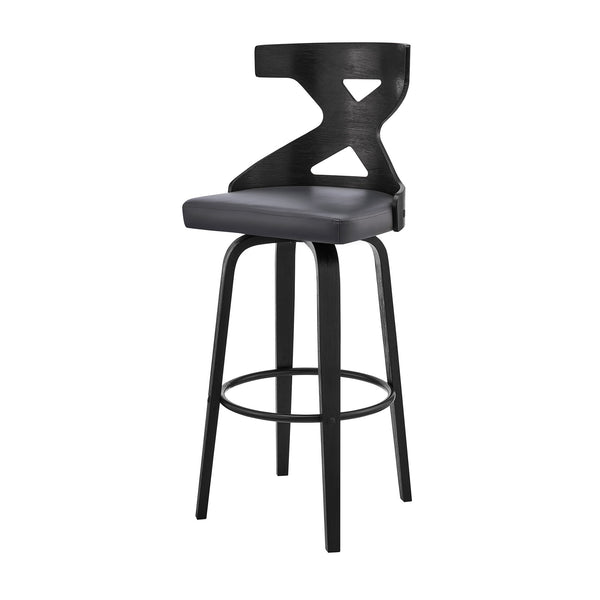 Homeroots 30" Gray And Black Faux Leather And Iron Swivel Bar Height Bar Chair   476820