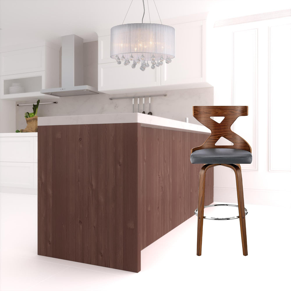 Homeroots 30" Gray And Brown Faux Leather And Solid + Manufactured Wood Swivel Bar Height Bar Chair   476821