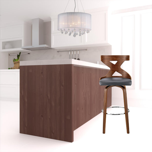 Homeroots 30" Gray And Brown Faux Leather And Solid + Manufactured Wood Swivel Bar Height Bar Chair   476821