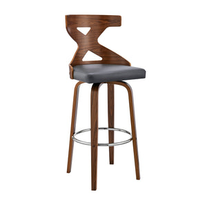 Homeroots 30" Gray And Brown Faux Leather And Solid + Manufactured Wood Swivel Bar Height Bar Chair   476821