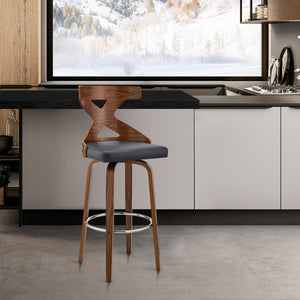 Homeroots 30" Gray And Brown Faux Leather And Solid + Manufactured Wood Swivel Bar Height Bar Chair   476821