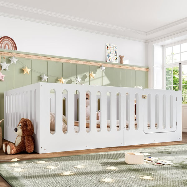 English Elm Queen Solid Pine Montessori Floor Bed for Kids with House Frame and Built-in Door Light White W5305P420638