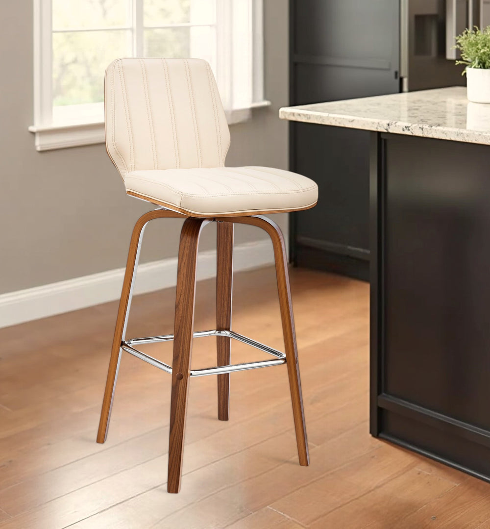 Homeroots 27" Cream And Brown Faux Leather And Solid And Manufactured Wood Counter Height Swivel Bar Chair   476835