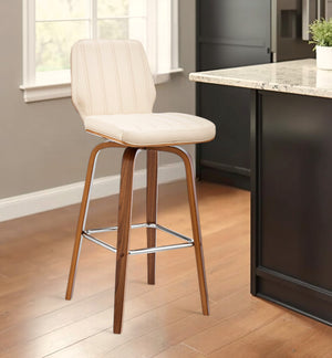 Homeroots 27" Cream And Brown Faux Leather And Solid And Manufactured Wood Counter Height Swivel Bar Chair   476835