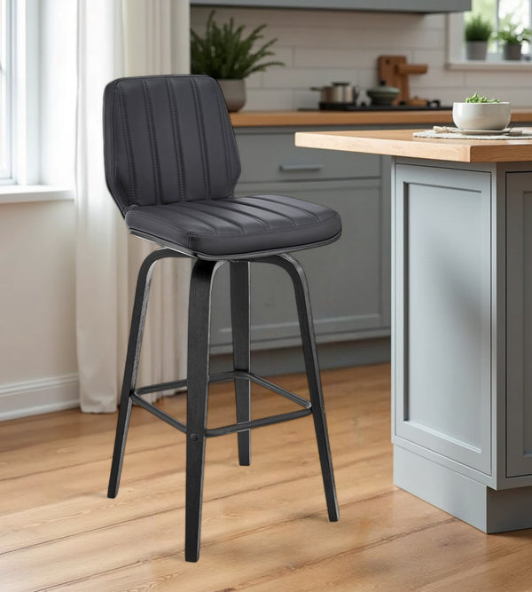 Homeroots 27" Gray And Black Faux Leather And Iron Counter Height Swivel Bar Chair   476836