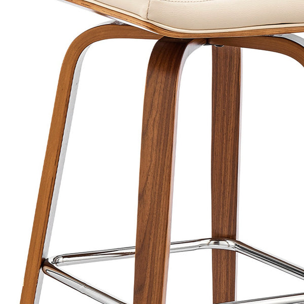 Homeroots 31" Cream And Brown Faux Leather And Solid + Manufactured Wood Swivel Bar Height Bar Chair   476838