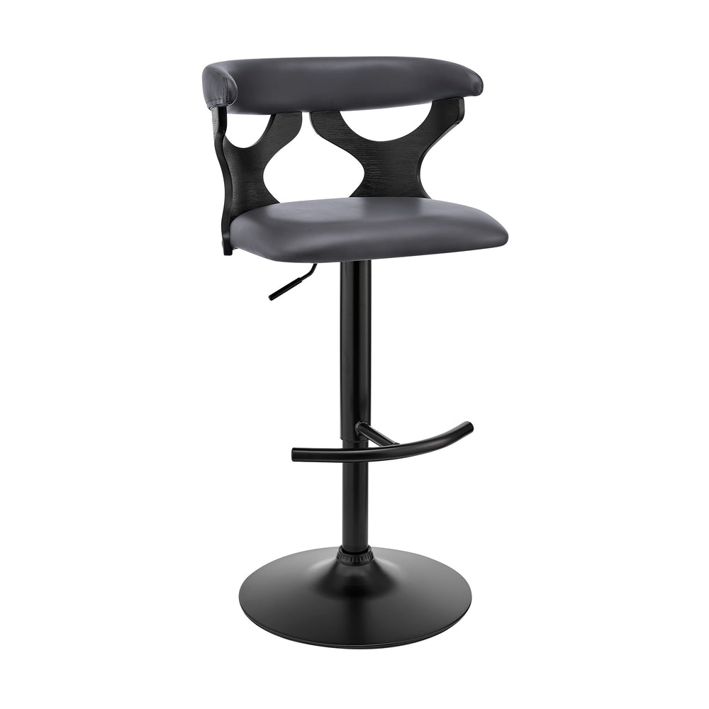 Homeroots 25" Gray And Black Faux Leather And Iron Swivel Adjustable Height Bar Chair   476842