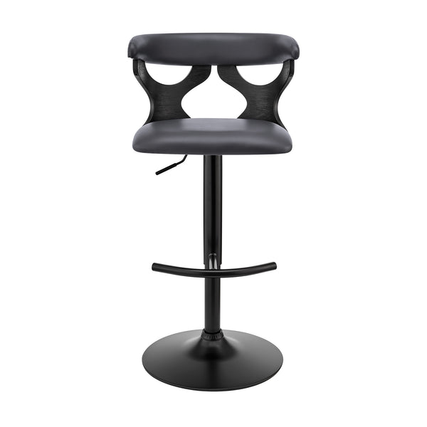 Homeroots 25" Gray And Black Faux Leather And Iron Swivel Adjustable Height Bar Chair   476842