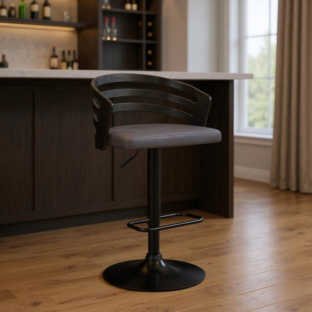 HomeRoots 25" Stylish Gray Faux Leather Swivel Bar Chair with Adjustable Height and Modern Mid-Century Design 476844