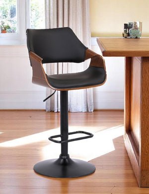 HomeRoots 25" Stylish Black Iron Swivel Bar Chair with Adjustable Height and Faux Leather for Modern Spaces 476846