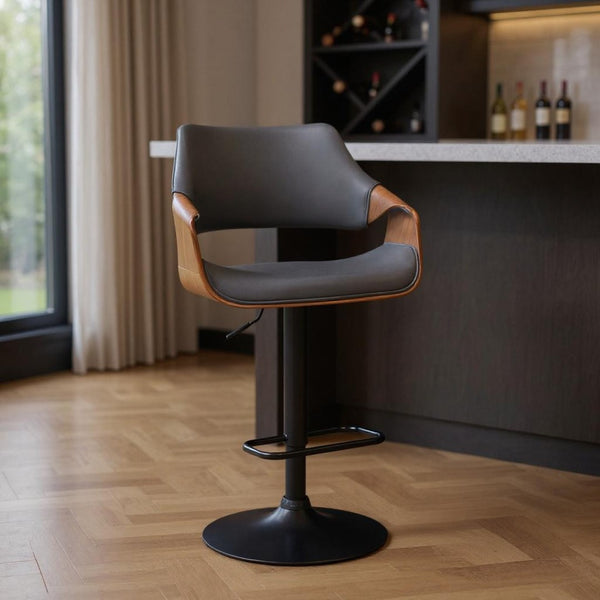HomeRoots 25" Gray and Black Adjustable Swivel Bar Chair - Stylish Comfort for Home, Kitchen, or Bar Use! 476847