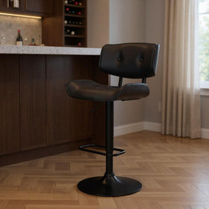 HomeRoots 25" Adjustable Swivel Bar Chair in Black Faux Leather – Mid-Century Design for Kitchen & Bar Use 476850
