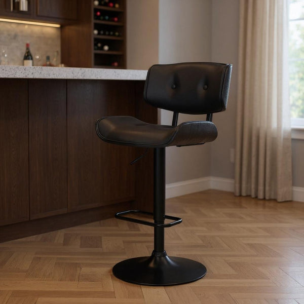 HomeRoots 25" Adjustable Swivel Bar Chair in Black Faux Leather – Mid-Century Design for Kitchen & Bar Use 476850