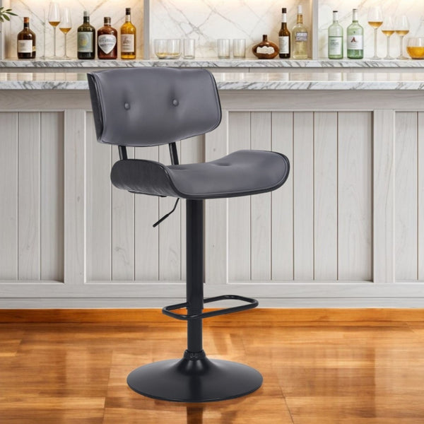 HomeRoots Gray Mid-Century Modern Adjustable Height Swivel Bar Chair with Faux Leather & Steel Base Design 476852