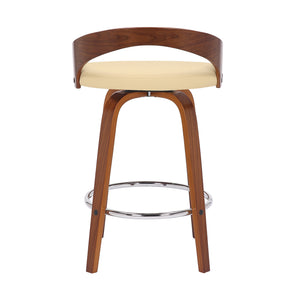 Homeroots 26" Cream And Brown Faux Leather And Solid Wood Low Back Counter Height Swivel Bar Chair   476859