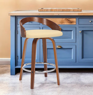 Homeroots 26" Cream And Brown Faux Leather And Solid Wood Low Back Counter Height Swivel Bar Chair   476859