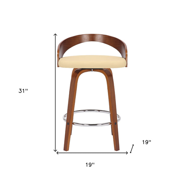 Homeroots 26" Cream And Brown Faux Leather And Solid Wood Low Back Counter Height Swivel Bar Chair   476859