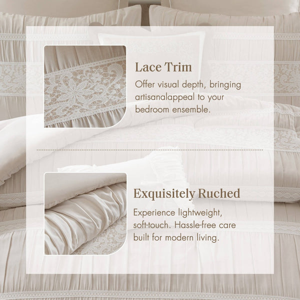 English Elm 7-piece King Jacquard Comforter Set Lace Detail Chambray Cottage Bedroom Ensemble Neutral B035P482889