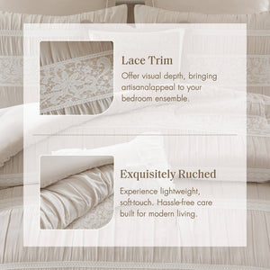 English Elm 7-piece Queen Jacquard Comforter Set Lace Accents Chambray Cottage Farmhouse Bedding Neutral B035P482888